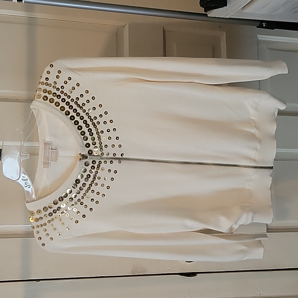 Michael Kors. Beige, gold sequin zippered cardigan sweater.